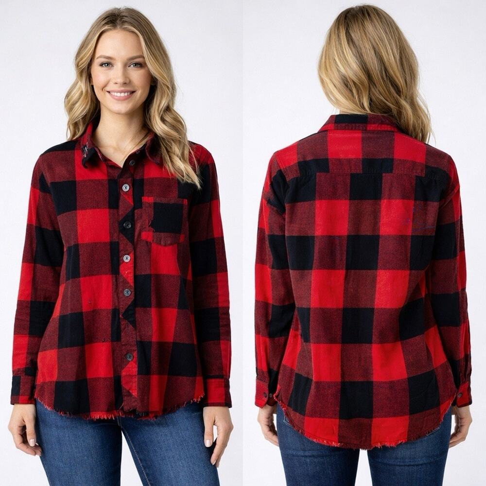 BKE Red Black Plaid Button Up Shirt Womens Medium Flannel Buffalo Check Raw Hem